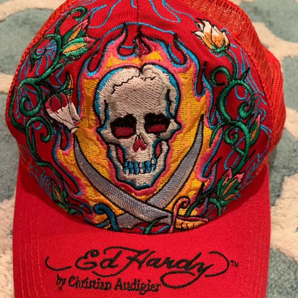 red ed hardy trucker hat by christian audigier